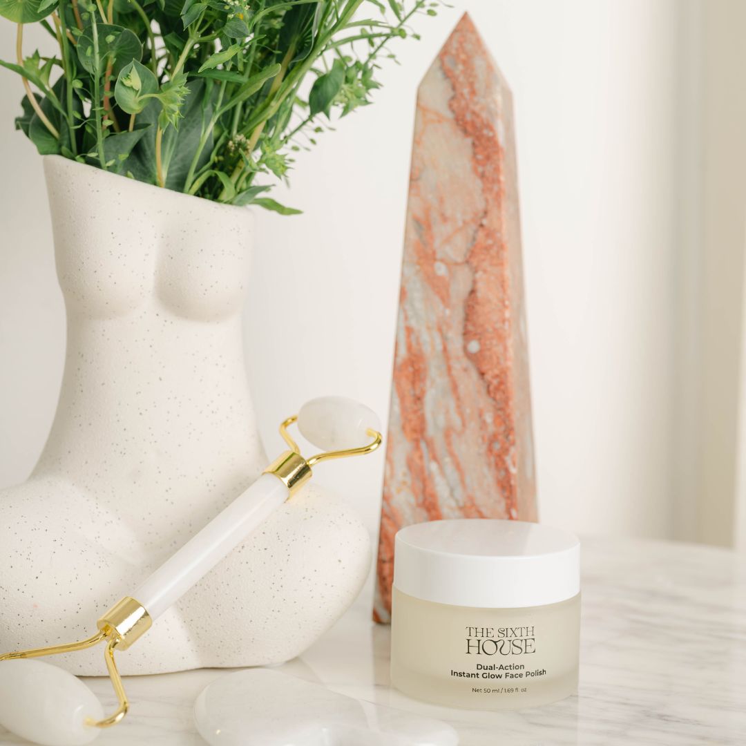 Jar of Sixth House Dual Action Instant Glow Face Polish on white surface 